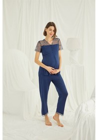 Resim Monamise Kadın Brode Dantelli Önü Düğmeli Hamile Lohusa Pijama Takımı 