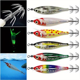 Resim Karanlıkta Parlayan Kalamar Jig Balıkçılık Yemi - 8cm/3.1" 5.3g Gerçekçi Muratböceği Sert Yem Çok Renkli Yansıtıcı Desenlerle, Gece Tuzlu Su & Tatlısu Balıkçılığı için 3 Üçlü Kancalar, Canlı Yem Tasarımı, Ahşap Başlı Yem 