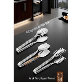 Resim 3’lü İnox Çelik Mutfak Maşa Seti - Makarna Pasta Salata Çok Amaçlı Maşa 3 lü SET 