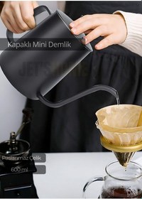 Resim Kapaklı Demlik Paslanmaz Kahve Demliği İndüksiyon Uyumlu Çelik Demlik 600 Ml Siyah 