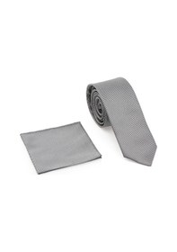 Resim Gri Oxford Model Mendilli Slim Kravat - Brianze Mkas - 9 Gri 