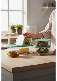 Resim Paşabahçe 5 Li Cam Saklama Kabı - 3 Boy Çok Amaçlı Saklama Kabı Turkuaz 