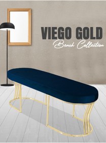 Resim Gazzini furniture Viego Gold Smooth Bench Lüks Metal Gold Ayak, Chester Model Yatak Ucu Mavi Puf 