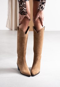 Resim FSKOMBİN Hermoso Camel Süet Hakiki Deri Kadın Western Topuklu Çizme 