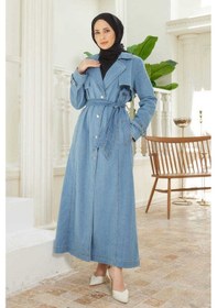 Resim Neways 6458-Battal Allerli Denim Trençkot Mavi Mavi 