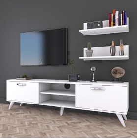 Resim Rani Mobilya A7 Duvar Raflı Tv Sehpası - Kitaplıklı Tv Ünitesi Modern Ayaklı Tasarım Beyaz 