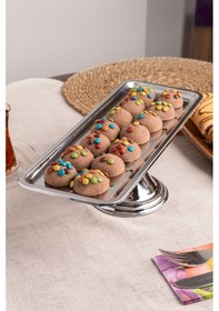 Resim Gümüş Dikdörtgen, Ayaklı Şık Kek, Pasta, Kurabiye Ve Tatlı Servis Sunum Standı Gümüş 