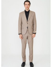 Resim Bej Klasik Yaka Slim Fit Modern Erkek Takım Elbise Bej 