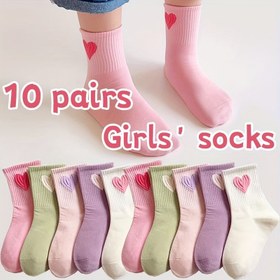 Resim Renkli Kalpli Kız Çocukları için Orta Boy Çoraplar - 10 Çift 