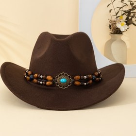 Resim Turkuaz Taşlı Boncuklu Dekoratif Fedora Şapka, Keçe Malzeme Moda Rahat Batı Kowboy Tarzı Hediye Şapka, Dört Mevsim, Aksesuarlar Çıkarılabilir, Erkekler ve Kadınlar İçin Uygun, Yetişkin Bahar, Sonbahar, Kış Günlük Giyim, Parti, Açık Hava Aktiviteleri, Parti Şapkası 
