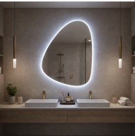 Resim 50x70 Cm Modern Asimetrik Led Banyo Aynası Dokunmatik Sensörlü, Dimmerli, 6500k Beyaz Işık Beyaz 