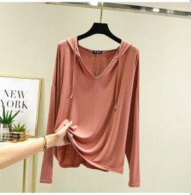 Resim Dış Modal Kore Tarzı Uzun Kollu Tişört Bahar Ve Yaz Büyük Beden Kapşonlu Bol Pembe 