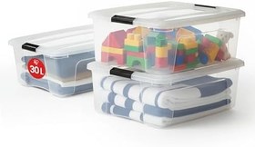 Resim Iris Ohyama Kapaklı Saklama Kutuları, 30 L, 3'lü Set, Şeffaf, Güvenli Tokalar, İstiflenebilir, Çekme Kolları, Yatak Odası, Dolap, Ofis, Organizasyon, BPA İçermeyen Plastik, Giysi Çantası, NTB-30 
