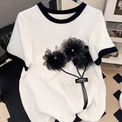 Resim Kadınlar için Büyük Beden Yazlık Kısa Kollu T-Shirt, 3D Çiçek Grafikli, Rahat Yuvarlak Yaka Üstü, Beyaz ve Siyah, Şık Polyester Karışımı, Günlük Kıyafetler İçin, Bayan T-Shirt'ler 