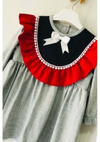Resim Dantel Ve Fırfır Detaylı Gri Krep Kız Çocuk Bebek Elbise 001 
