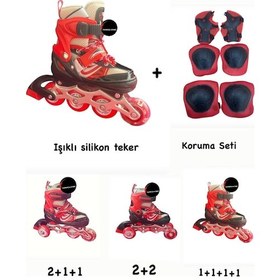 Resim Işıklı Çocuk Pateni Ayarlanılabilir Alıştırma Silikon Tekerli Frenli Metal Gövdeli Paten Dizlik Set Kırmızı 