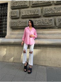 Resim WeShaya Pembe Oversize Kırışık %100 Polyester Gömlek Pembe 