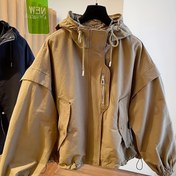 Resim Kadınlar İçin Bej Kapüşonlu Beyzbol Ceketi - Ön Kapatmalı Bol Kesim Uzun Mont, Günlük ve Resmi Etkinlikler için Esnek Olmayan Kumaş, Makinede Yıkanabilir Katmanlı Giysi 