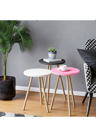 Resim Renkli Üçlü Zigon Sehpa Ahşap Ayaklı Yuvarlak Pastel Tasarım Pembe Beyaz Gri 