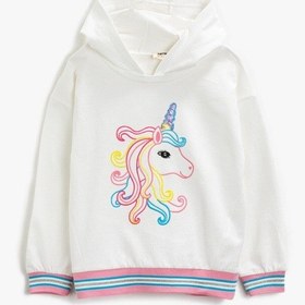 Resim Koton Pamuklu Unicorn Baskılı Kapüşonlu Uzun Kollu Sweatshirt Kırık Beyaz 1ykg17537ak Ekru 