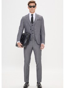 Resim Erkek Grı-sıyah Slim Fit Dar Kesim Kırlangıç Yaka Desenli Yelekli Takım Elbise Gri - Siyah 