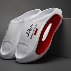 Resim Kadınlar için Rahat EVA Slip-On Terlikler - Yumuşak Yaz Sandaletleri, Kemer Desteği, "Mutlu Ol" Motifi, Kırmızı ve Beyaz Tasarım, Elde Yıkanabilir, Günlük Ayakkabı|Şık Slipon|Eva Üst Malzeme 