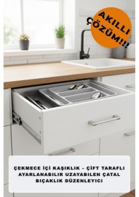 Resim Çekmece İçi Kaşıklık Çift Taraflı Ayarlanabilir Uzayabilen Çatal Bıçaklık Düzenleyici Gri 