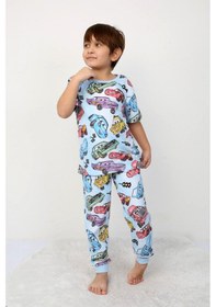 Resim Erkek Çocuk %100 Pamuk Baskılı Pijama Takımı Kısa Kollu, Sevimli Desenler Mavı 