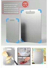 Resim Paslanmaz Çelik Kesme Tahtası Çift Taraflı Silikon Ayaklı 304 Kalite Patentli Metal 