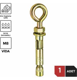 Resim DESIPHON Kancalı Çelik Dübel M8 Kapalı Ağız 5 Adet Salıncak Boks Torbası Avize Tavan Asma Aparatı 