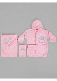 Resim %100 Pamuk Yenidoğan Bebek Çocuk Bornoz Havlu Takımı Set Sb 686 Pembe - Beyaz 