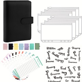 Resim Sunî Deri Defter Bütçe Planlayıcı - 8 Halkalı Bağcıklı ve Cepli A6 Nakit Zarf Sistemi, 12 Gider Bütçesi Sayfası & 2 Kategori Mektup Etiketi 