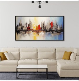 Resim Yağlı Boya Dokulu Tablo Soyut Şehir Manzarası Siyah Çerçeveli U09012-179123 