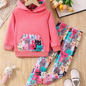 Resim Kız Çocuk Pantolon Takımı İlkbahar ve Sonbahar Stili Moda Kapüşonlu Kazak Ceket Küçük Kız Çocuk İlkbahar Kıyafetleri Sevimli Kedi Pantolon İki Parça Takım, Dış Mekan için 