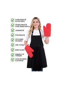 Resim Star Ayar Askılı Havlulu 4lü Mutfak Önlüğü Seti 2 Eldiven Siyah-siyah-kırmızı 