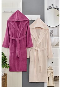 Resim 2li Kapüşonlu Bornoz Doğa Mürdüm - Bej L/xl Mürdüm - Bej 