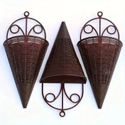 Resim Vintage Stil Plastik Duvar Askısı Vazo Seti, 1 Adet Suni Rattan Örgü Koni Şeklinde Sepet, İç ve Dış Mekan Dekorasyonu için Çok Yönlü Boynuz Vazo, Bahçe, Balkon ve Avlu Dekorasyonu 