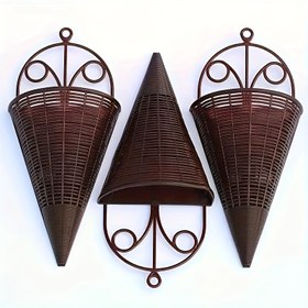 Resim Vintage Stil Plastik Duvar Askısı Vazo Seti, 1 Adet Suni Rattan Örgü Koni Şeklinde Sepet, İç ve Dış Mekan Dekorasyonu için Çok Yönlü Boynuz Vazo, Bahçe, Balkon ve Avlu Dekorasyonu 
