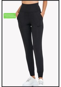 Resim Kadın Eşofman Alt Siyah Curve Jogger Dalgıç Kumaş Yüksek Bel Çift Cepli Joggers 1061 Siyah 