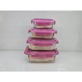 Resim Feyza Design 4'lü Borcam Saklama Kabı Seti, Isıya Dayanıklı ve Vakumlu Kapaklı, Pembe 