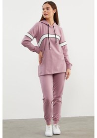 Resim Kapüşonlu Çizgi Bloklu Eşofman Takım - Lila 001 