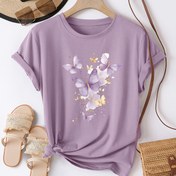 Resim Kadınların Kelebek Desenli T-Shirt'i, Günlük Yuvarlak Yaka Kısa Kollu Üst, Yumuşak Örgü Kumaş, Normal Beden, İlkbahar/Yaz Günlük Giyim, Üstü Açık Tarz, Kadın T-Shirt'leri 