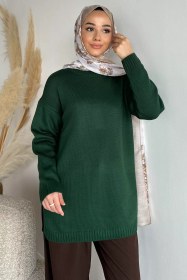 Resim Gülseli Bisiklet Yaka Yırtmaçlı Tesettür Triko Tunik Zümrüt Yeşili TZL-P-00020085 