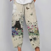 Resim Kadınlar için Rahat Kedi Baskılı Geniş Paça Pantolon Elastik Bel Bandı ile - Gevşek Kesim, Çiçekli ve Kelebek Desenli, Bej Polyester Yazlık Günlük Kullanım İçin 