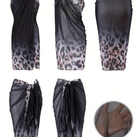 Resim 1pc Boho Şik Leopard Baskılı Şeffaf Sarong Sargı Etek Kadınlar Için - Yüksek Esnek Polyester Örgü Kumaş Kapak - Çok Yönlü Plaj Giysisi Şal 