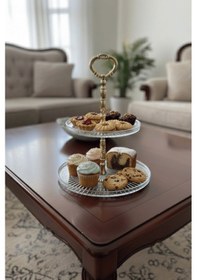 Resim 2 Katlı Cam Kek & Kurabiye Sunum Standı Gold Kulplu Şık Sunumluk Şeffaf - Altın 