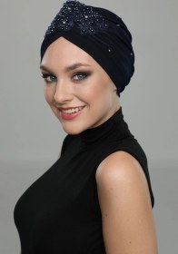 Resim Elysianfidan Kopma Astarlı Işlemeli Lacivert Dantel Motifli Hazır Türban Tesettür Abiye Bone Lacivert Dantel 