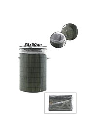 Resim Gri Yuvarlak 35x50cm Bambu Ahşap Kirli Çamaşır Sepeti Seyyar Kapaklı Kumaş Çantalı İp Kulplu 5570 