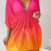 Resim Seksi Ombre Kimono Örtüsü Elbise, İpli Bel ve Yarasa Kollu - Canlı Pembe ile Turuncu Gradyan, Hafif Polyester, Yaz Plajı ve Havuz Kenarı için Mükemmel 
