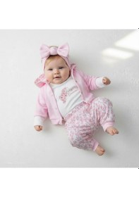 Resim Çiçek Desenli Hırkalı Kız Bebek Takım 3lü Set Pembe 